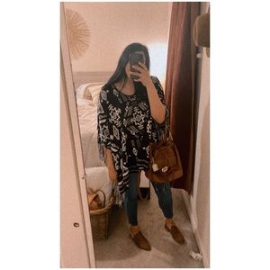 H&M divided poncho navy tribal print fringe tassels bohemian western